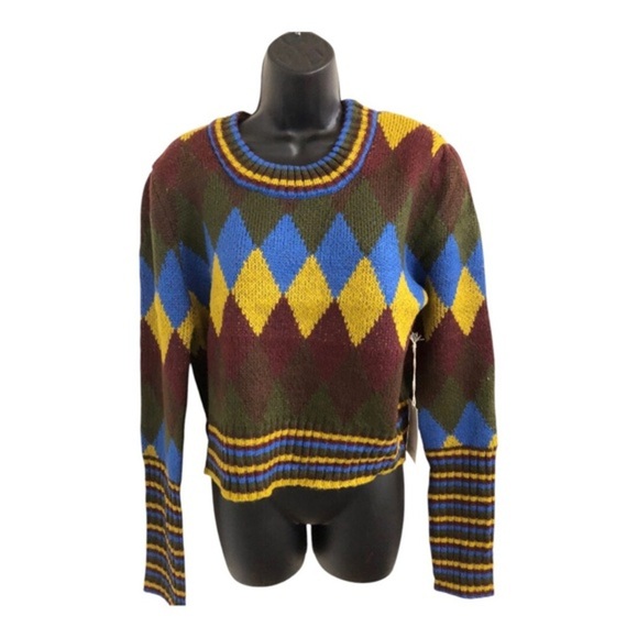 Brown multi argyle look pleated shoulders cuffed sleeves crewneck sweater size L - Picture 1 of 15